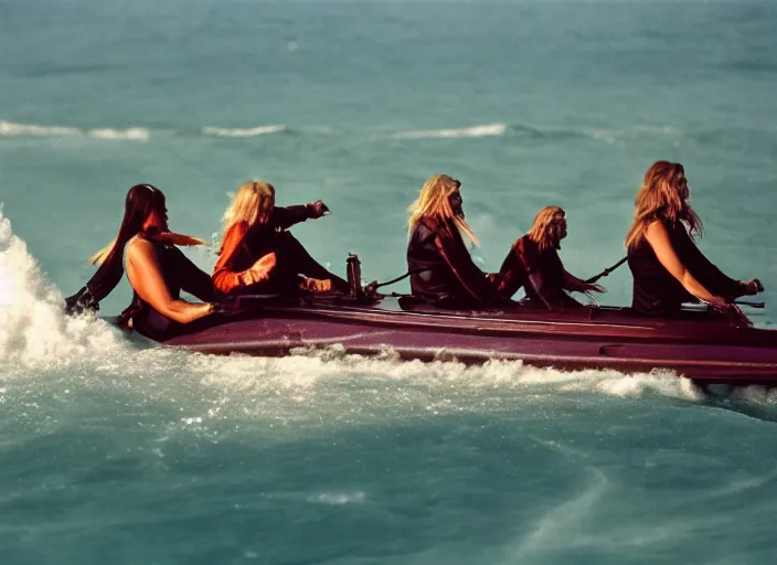 Image similar to photo of viking women in speed boats hunting surfers, fujifilm velvia 5 0