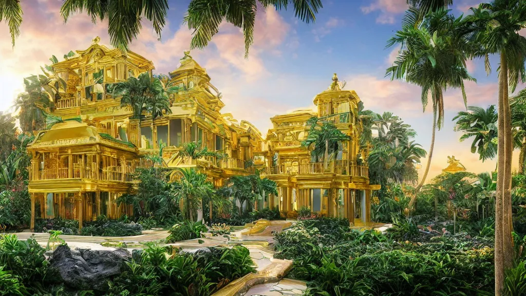 Prompt: golden mansion in a vaporwave jungle, 4k, ultra realistic, award winning photograph