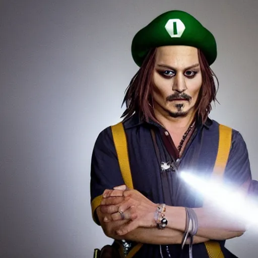 Image similar to stunning awe inspiring johnny depp as luigi from super mario bros, movie still 8 k hdr atmospheric lighting