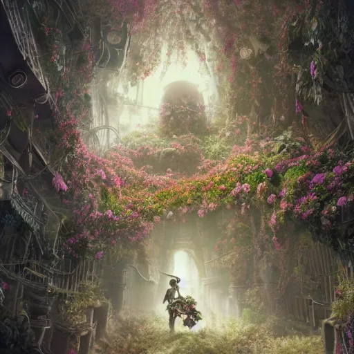 Image similar to intricate bio - mechanical flowers intertwined with human and bio - mechanical organs, intricate environment, matte painting, cinematic, epic composition, highly detailed, atmospheric, wide angle, artstation trending