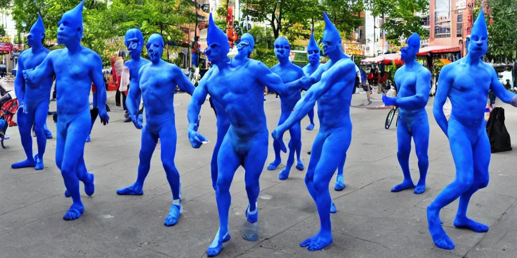 Prompt: cyclops coneheads blue men group street performers, detailed facial expressions
