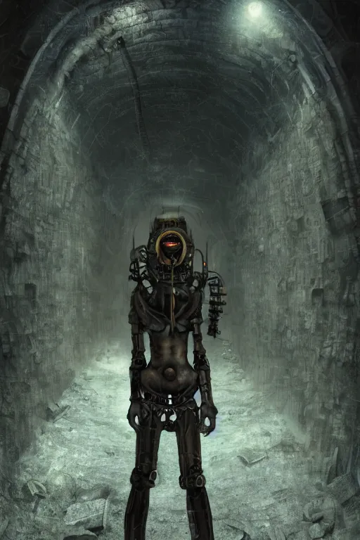 Image similar to matte painting full body portrait of a human explorer steampunk cyborg wandering the dark corridors of a wet underground dungeon in lovecraft style