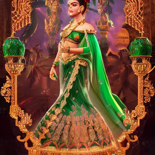 Image similar to photograph of wonderful princess with smooth fair skin, hindi, green jewelry, breathtaking, elegant, ornate, intricate, hyper detailed, accent lighting, dramatic light, 4 k octane render