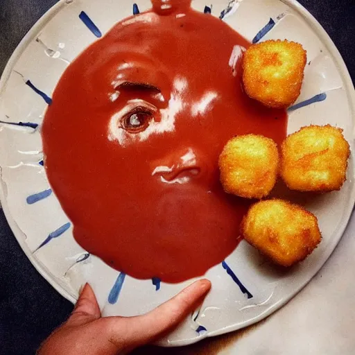 Image similar to food photo of channing tatum's face as giant tater tot on a plate with ketchup