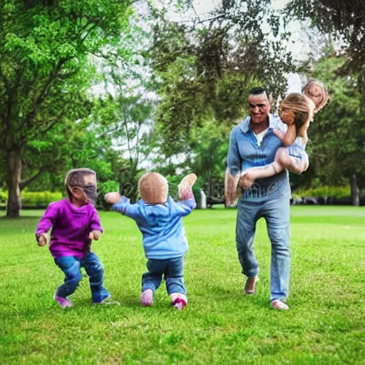 Image similar to high quality stock photo of a man playing in a park with his children, detailed