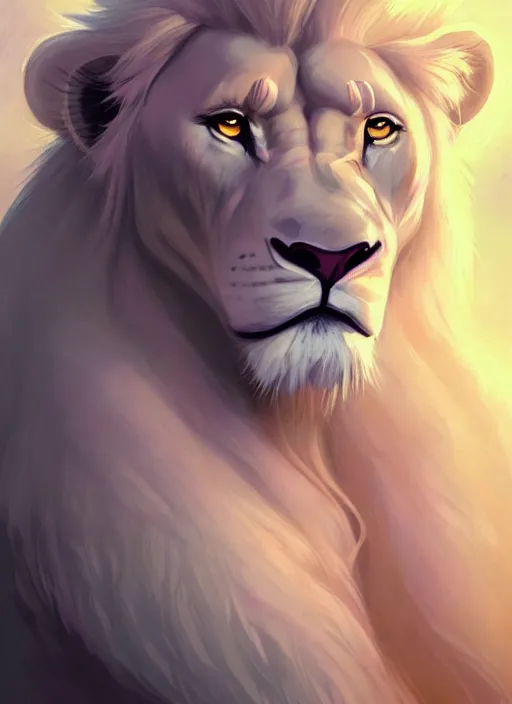 Image similar to aesthetic portrait commission of an albino male furry anthro lion with large muscles and lavender and mint colored glowing orbs of light surrounding and illuminating the lions face softly charlie bowater, detailed, inked, western comic book art, 2017 award winning painting, digital art, artstation