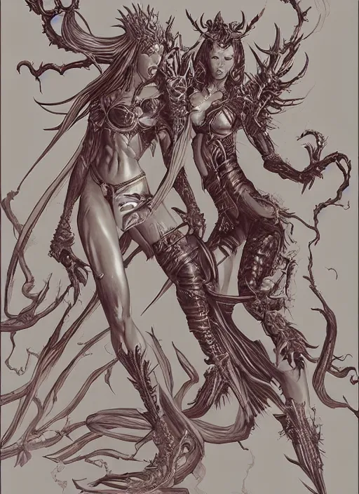 Image similar to two female demons dancing, queen of blades, diablo 4 lilith, line art, by artgerm, by yusuke murata, by hiroya oku, by dorian cleavenger, by zdzisław beksinski, trending on artstation