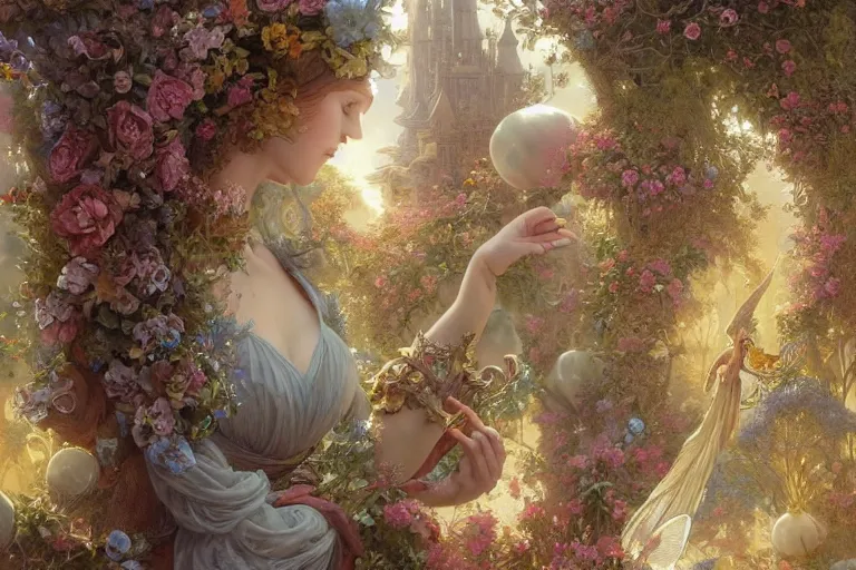 Image similar to ultra realistic illustration, baroque fairy gateway to flowerland from diablo and baldurs gate, intricate, elegant, highly detailed, digital painting, artstation, concept art, smooth, sharp focus, illustration, art by artgerm and greg rutkowski and alphonse mucha