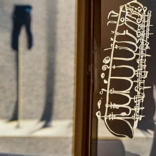 Prompt: a bone flute inside of a glass cover, the glass cover is inside of a museum, in the reflection of the glass you can see a group of people.