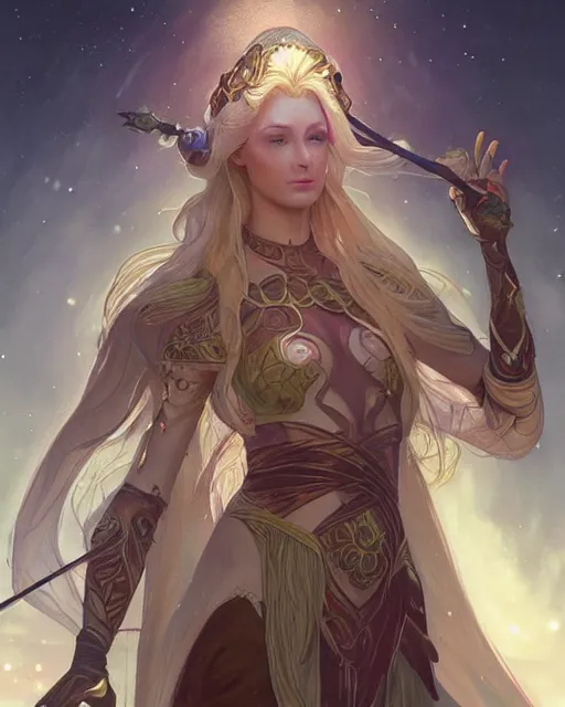 Prompt: magical female Mage, elf of race, holding her magical staff on a beautiful alien planet, portrait, elegant, intricate, digital painting, artstation, concept art, smooth, sharp focus, illustration, art by artgerm and greg rutkowski and alphonse mucha