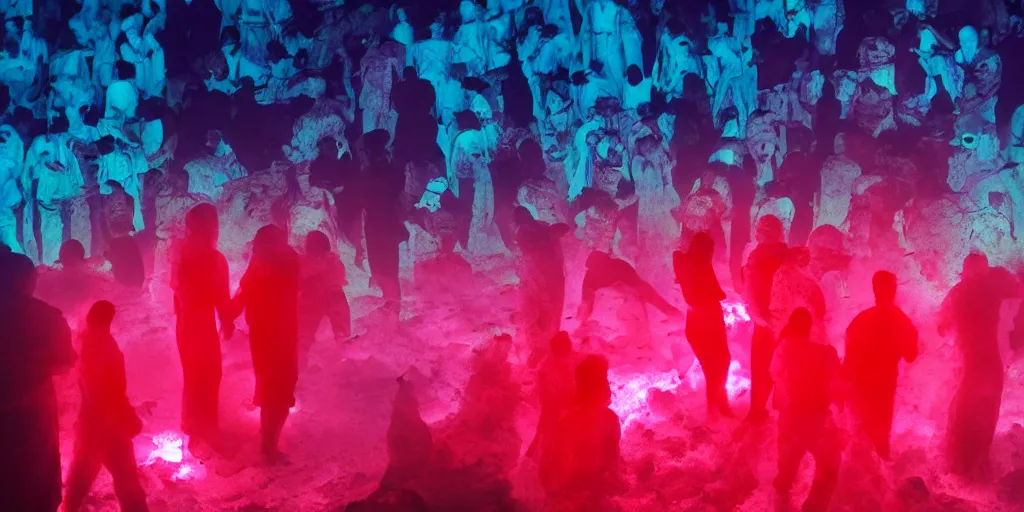 Prompt: love, groups of people in glowing thermal colors, from behind, rebirth, wide angle, cinematic atmosphere, elaborate, highly detailed, thermal heat colors, dramatic lighting