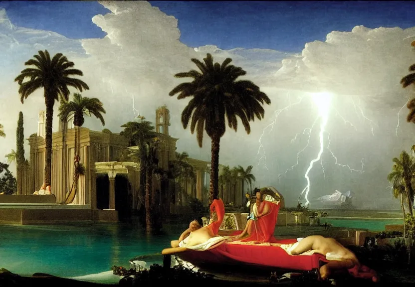 Image similar to Palace floating in heaven, 1km tall, thunderstorm, greek pool, beach and palm trees on the background major arcana sky, by paul delaroche, hyperrealistic 4k uhd, award-winning very detailed, heaven paradise