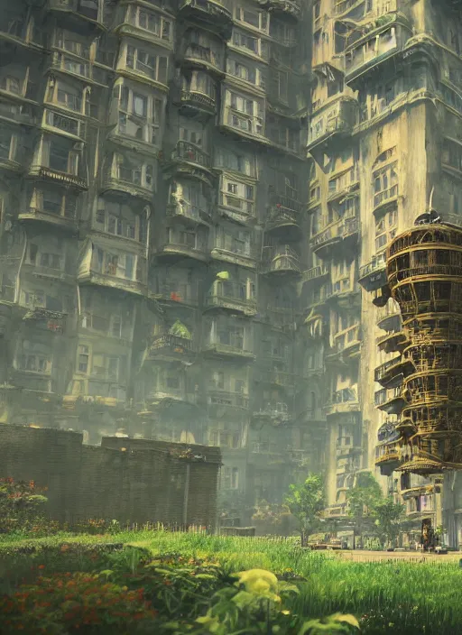 Prompt: A Huge Steampunk Old Apartment Building by Howl's Moving Castle Ghibli, by Miyazaki, by Vincent Di Fate Nausicaa, Ghibli, Breath of The Wild, epic composition, green plants, octane render, trending on artstation