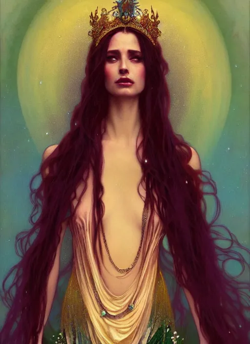 Image similar to ombre velvet gown, emerald, feathers, lovely bohemian princess, portrait, long hair, tiara, dozens of jeweled necklaces, feral languid woman, by greg rutkowski, brom, anato finnstark, alphonse mucha