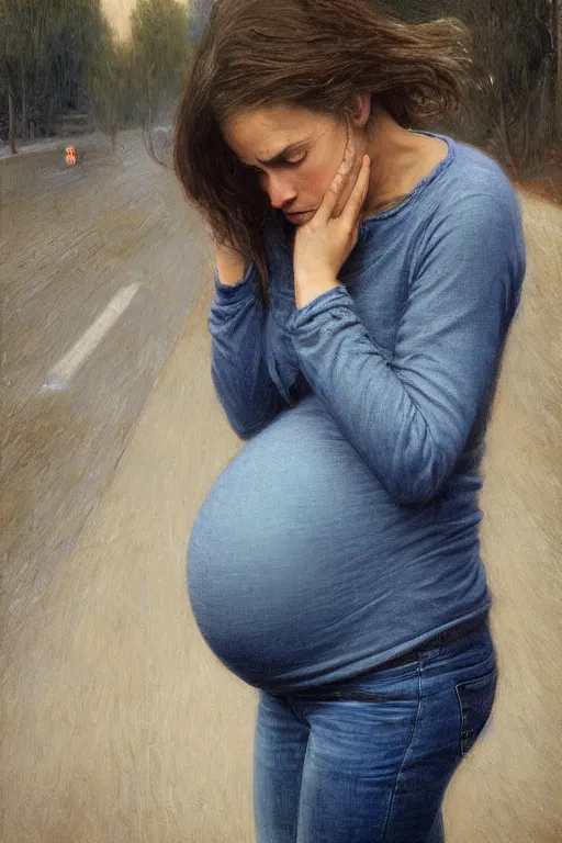 Image similar to very frightened pregnant woman under street light, jeans and sweater, by Alyssa Monks, Bouguereau