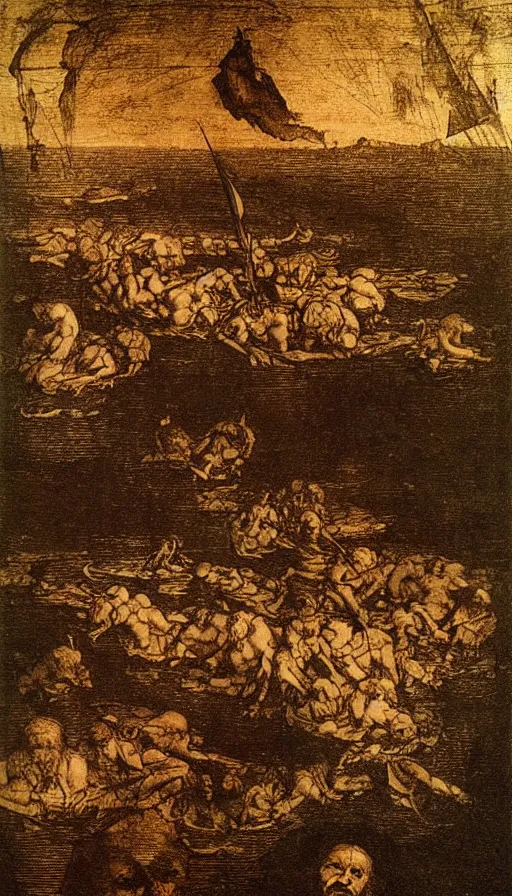 Image similar to man on boat crossing a body of water in hell with creatures in the water, sea of souls, by leonardo da vinci