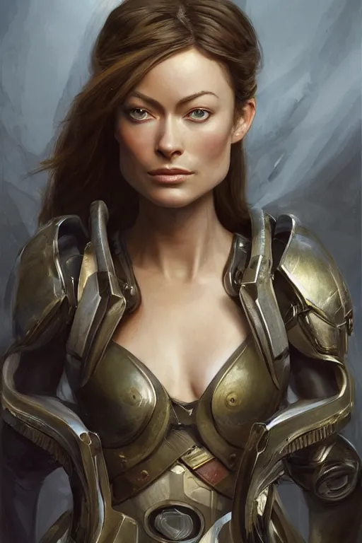 Image similar to a professional painting of a young Olivia Wilde, clothes in military armor, olive skin, long dark hair, beautiful bone structure, symmetrical facial features, intricate, elegant, digital painting, concept art, smooth, sharp focus, illustration, from StarCraft by Ruan Jia and Mandy Jurgens and Artgerm and William-Adolphe Bouguerea