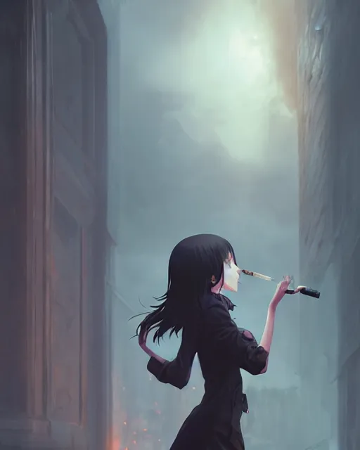 Image similar to goth smoking girl, full shot, atmospheric lighting, detailed face, by makoto shinkai, stanley artger m lau, wlop, rossdraws, james jean, andrei riabovitchev, marc simonetti, krenz c