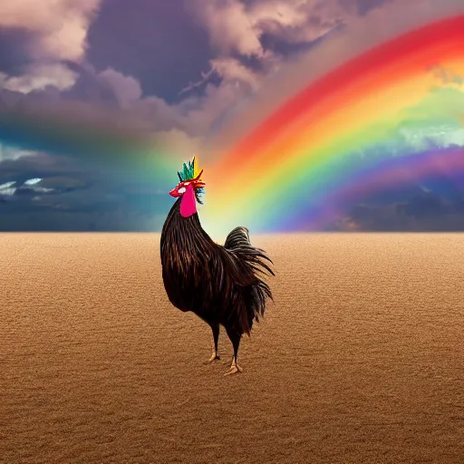 Prompt: a photo of a rooster wearing a fedora standing on a unicorn at the beach with a rainbow in the sky, detailed, vibrant, realistic, sunset, clear, 8k, hd, award winning image