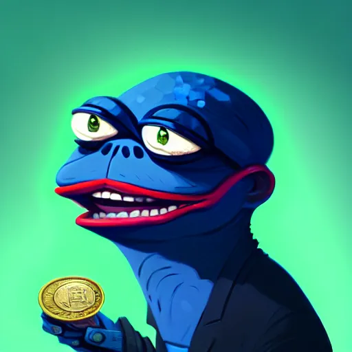 Image similar to super rich happy pepe, luxury, treasury, coins, money, hyper detalied, blue crystals, greg rutkowski, artstation