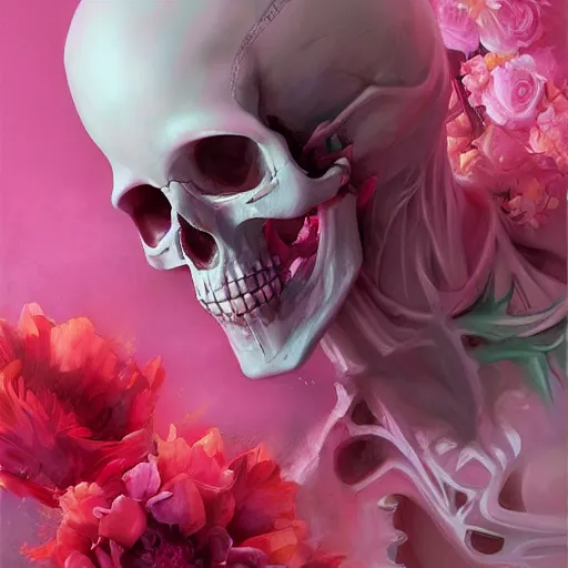 Image similar to Pink Death, skull, flowers, colorful, by Stanley Artgerm Lau, WLOP, Rossdraws, James Jean, Andrei Riabovitchev, Marc Simonetti, Yoshitaka Amano, ArtStation, CGSociety,