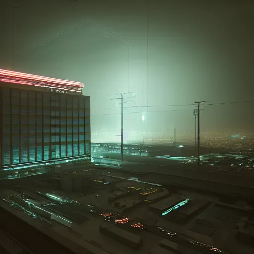 Image similar to cyberpunk nuclear plant, futuristic, apartment, night, rain, volumetric light, ray traced, photography, behance