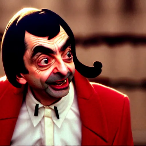 Image similar to mr. bean as madonna. movie still. cinematic lighting.