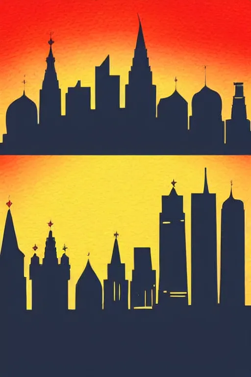 Prompt: minimalist watercolor art of moscow skyline at sunset, illustration, vector art