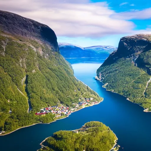 Prompt: A photo of a fjord in Norway. The sky is completely clear of clouds. Hyper realistic, 8k.