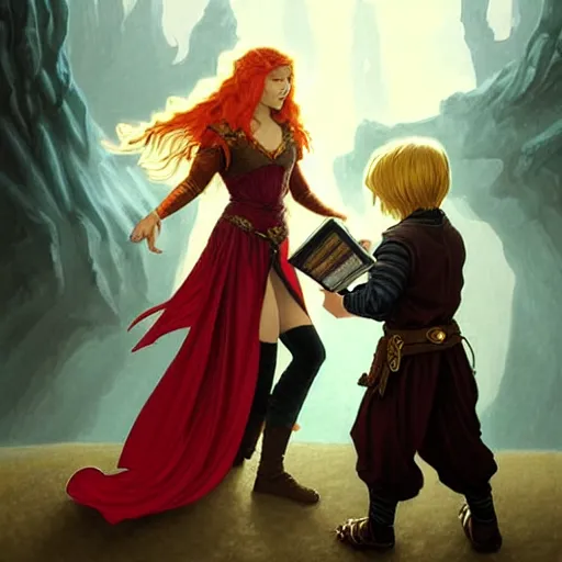 Image similar to an epic fantasy comic book style painting of a young red headed girl with a book in one arm meeting a young boy thief with blonde wearing plain brown leather thief clothes, d & d, fantasy, intricate, elegant, highly detailed, digital painting, artstation, concept art, matte, sharp focus, illustration, art by artgerm and greg rutkowski and alphonse mucha