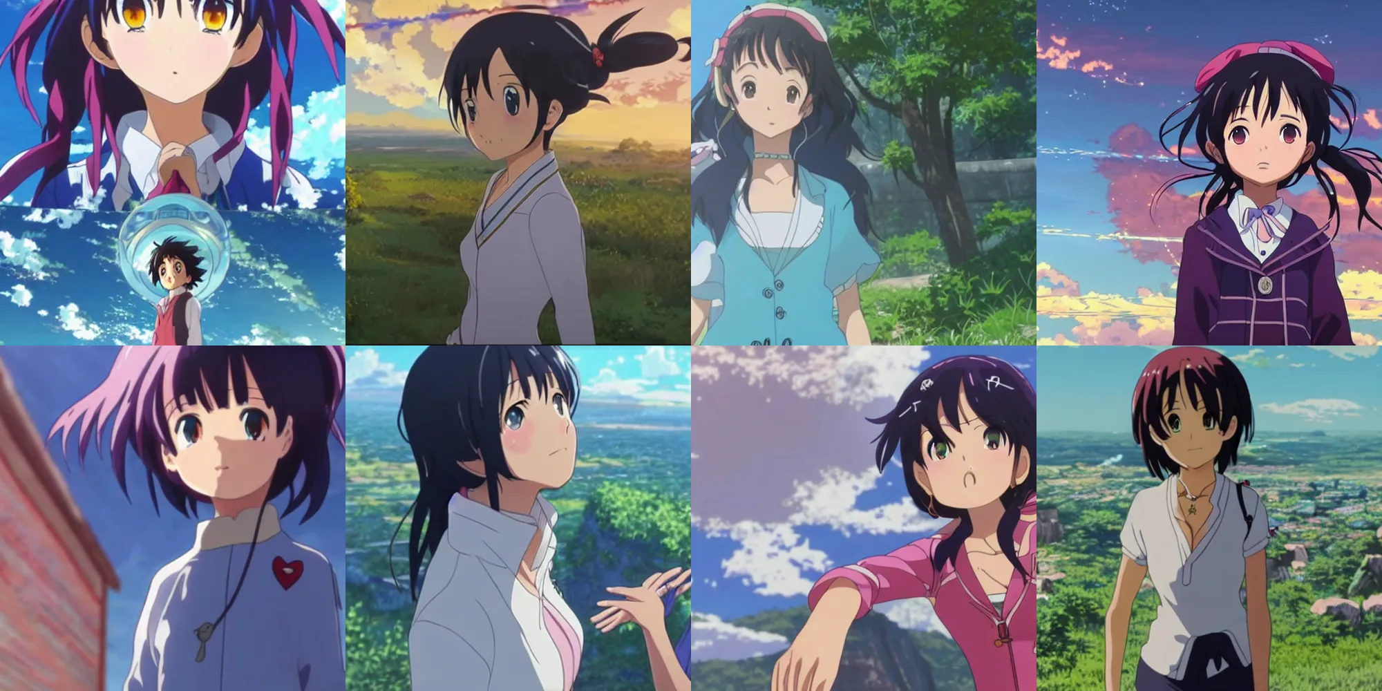 Prompt: key anime visuals of maria de medeiros in a still from the anime your name ( 2 0 1 6 ) directed by makoto shinkai
