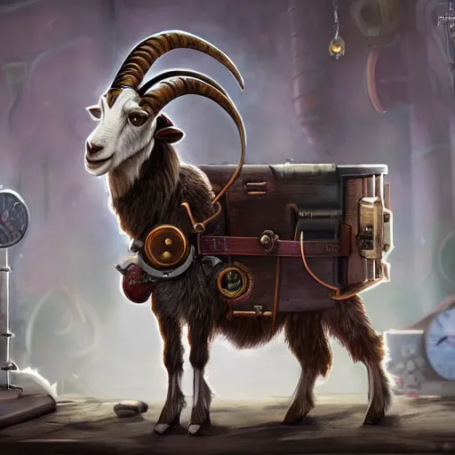 Image similar to a goat who is a mad scientist, wearing a lab coat, inventing a time machine, steampunk style, digital art, trending on artstation and unreal engine, deviantart, smooth, hyper detailed, coherent