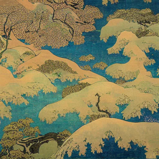 Image similar to a painting of a map landscape with a lot of trees and communities, a detailed painting from above by mikhail vrubel, katsushika hokusai, tom thomson, polycount contest winner, space art, detailed painting, ukiyo - e, apocalypse landscape