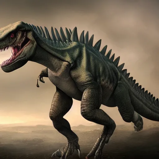 Image similar to anthromorphic reptile looking like a t-rex, digital art, matte painting, 4K, !!coherent like Dall-E 2!!