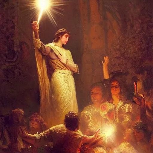 Image similar to a handsome slender young man with wavy brown hair summons a ball of light into his hand. dramatic. cinematic. holy. saintly. demigod. lord of light. gaston bussiere. geoffroy thoorens