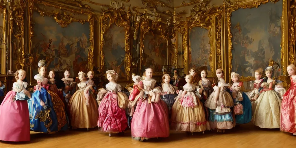 Prompt: Women in baroque dresses, standing in the middle of the room full of toys