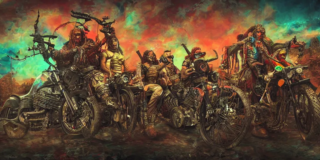 Image similar to psychedelic post apocalyptic orcish biker gang, incredibly detailed motorcycles, sharp focus, psychedelic colors, artstation, cgsociety