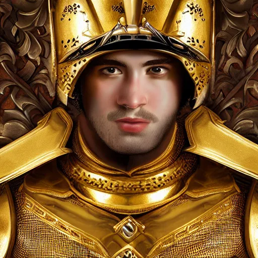 Image similar to man in royal decorated with gold medieval baroque style armor and helmet and golden cross on his chest rennaisance art style high resolution high detail