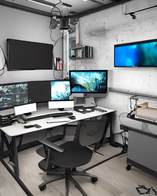 Prompt: a complex computer workstation in a small studio apartment room, many monitors, many electronics, very detailed, maximalism, unreal engine, hyper realism, realistic shading, cinematic composition, realistic render, octane render, detailed textures, photorealistic