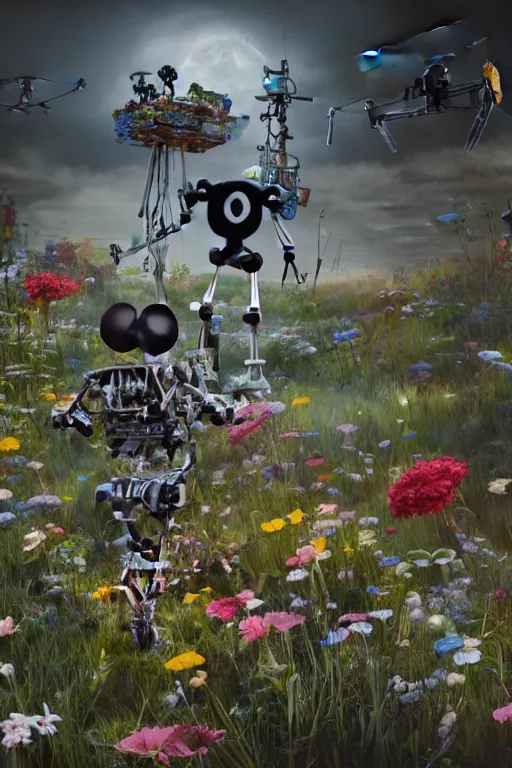 Prompt: a skeletal, mickey mouse made out of flowers and bones, walking with a robot, in the cyberpunk countryside, drones flying art by beeple, nychos and arcimboldo, cinematic lighting, highly detailed octane render