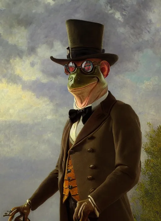 Image similar to frog gentleman in a costume portrait by Lajos Berán, Albert Bierstadt, Robert Henderson Blyth, Claude Bonin-Pissarro, Sandro Botticelli, unreal Engine Fantasy Illustration. award winning, Artstation, Hyperdetailed, 8k resolution