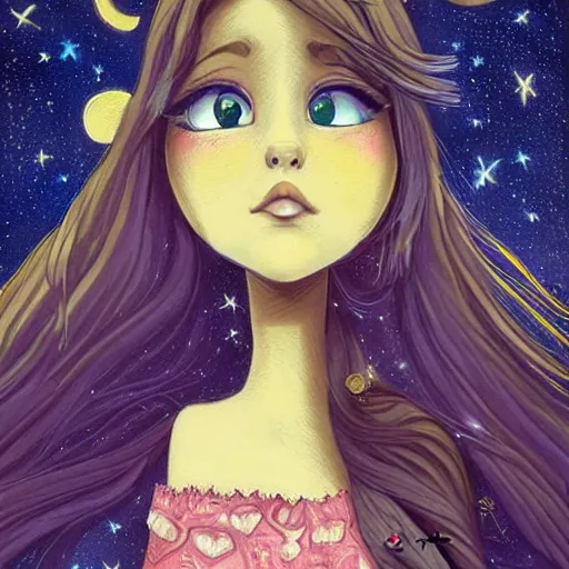 Image similar to Street art. A beautiful illustration of a young girl with long flowing hair, looking up at the stars. She appears to be dreaming or lost in thought. by Tim Shumate, by Carsten Meyerdierks elaborate, precise