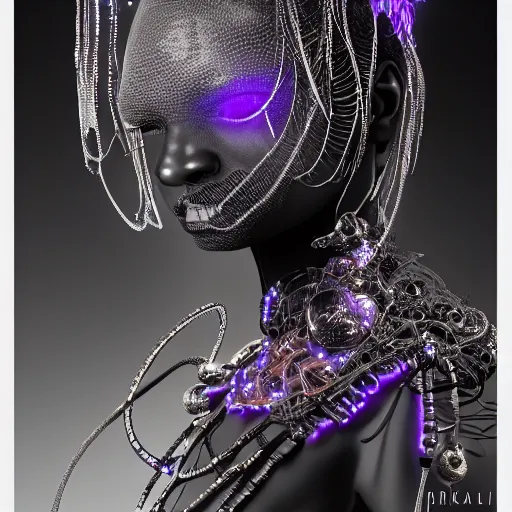 Image similar to portrait of an absurdly beautiful, graceful, sophisticated, fashionable black cyberpunk mechanoid gravure idol, hyperdetailed illustration by irakli nadar, adut akech, matt wisniewski style, intricate linework, dark black skin, jellyfish headdress, crystal ruff, unreal engine 5 highly rendered, global illumination, iridescent light, detailed and intricate environment