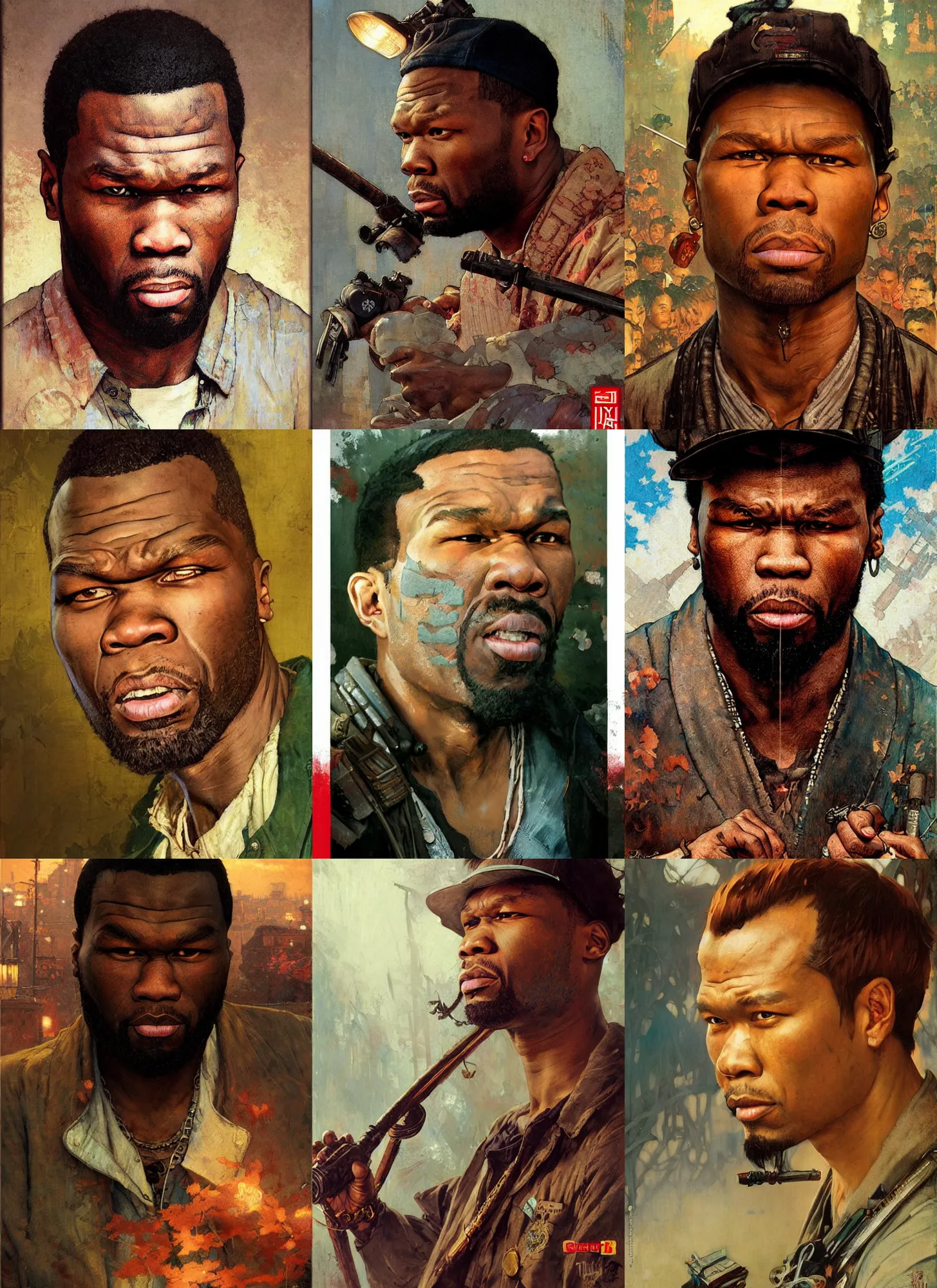 Prompt: highly detailed 5 0 cent gritty portrait, norman rockwell, wuxia art by greg rutkowski, loish, rhads and thomas kinkade, ilya kuvshinov, alphonse mucha, global illumination, detailed and intricate environment