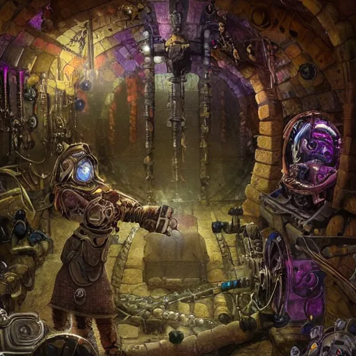 Image similar to deep underground, within a long - forgotten dwarven sanctuary, exists a mechanical contraption that coverts magic into life.