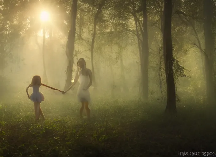 Image similar to misty swamp, hazy fog, sundown golden hour, early morning dance, smile, fireflies and sparkling wisps, rainbow sun rays through trees, Lilia Alvarado, Sophie Anderson, Mark Arian, Bob Byerley, Charlie Bowater, Mark Brooks, Steve Henderson, Justin Gerard, Arthur Hughes, Edward Robert Hughes, Mark Keathley, Victor Nizovtsev, Carlos Shwabe, Ross Tran, WLOP