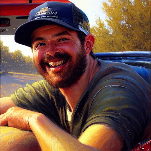 Prompt: beautiful painting of a truck driver sitting in his truck, interior, detailed face, happy smile, trucker hat, painting by gaston bussiere, craig mullins