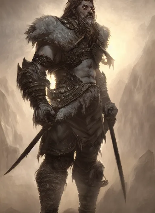 Image similar to A fantasy comic book style portrait painting of a gray dwarf with white eyes as a warrior in a atmospheric dark fortress, unreal 5, DAZ, hyperrealistic, octane render, RPG portrait, ambient light, dynamic lighting