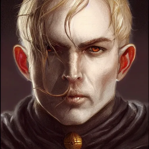 Image similar to a detailed matte head - on portrait painting of an middle - aged tiefling nobleman with white skin, golden eyes and short well kept hair, by charlie bowater, lise deharme, wlop, tending on arstation, dungeons and dragon, dnd, pathfinder, fanart, oil on canvas