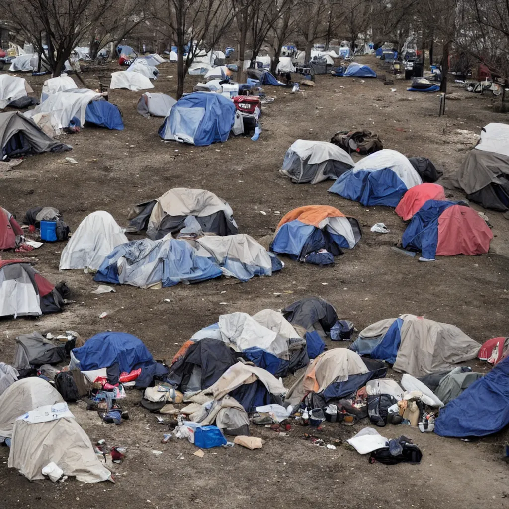 Prompt: an american homeless encampment in a major city